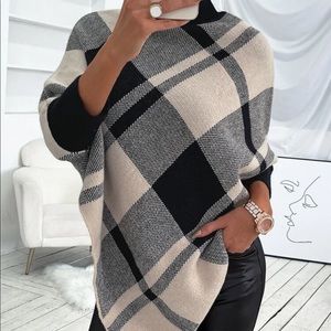 SHEIN mock neck plaid knit poncho